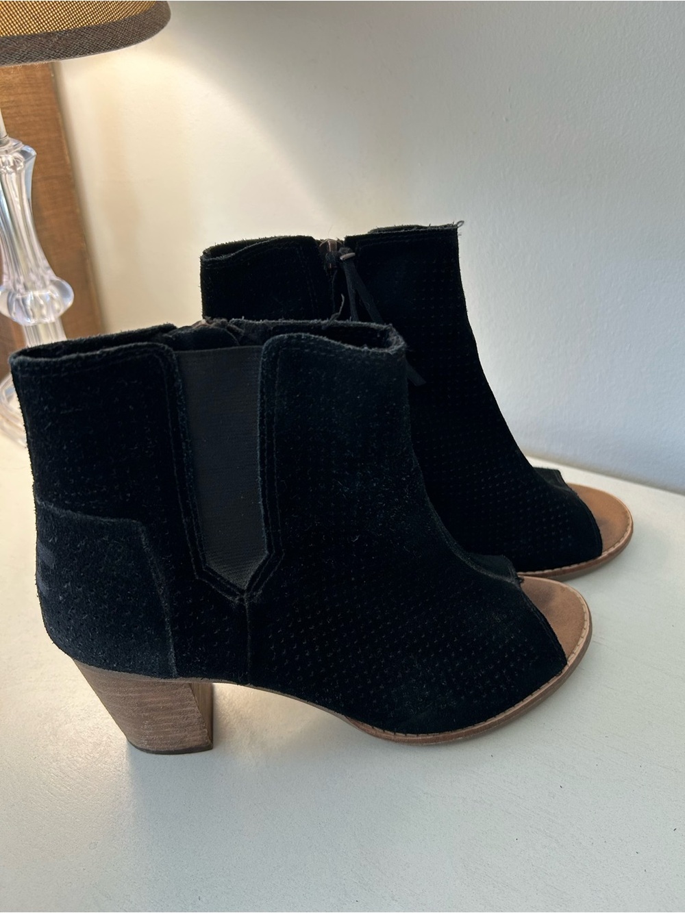 Toms Black Suede Peep-Toe Ankle Booties with Brown Heel